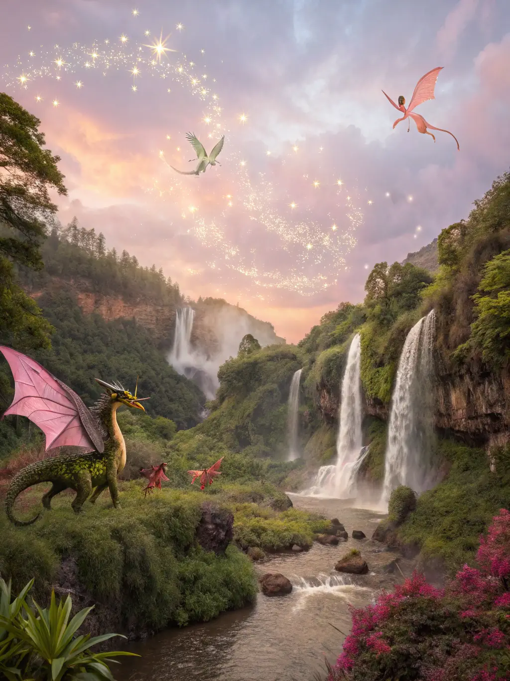 An image featuring mystical creatures and magical symbols, set against a backdrop of a starry night, representing fantasy-themed slots.