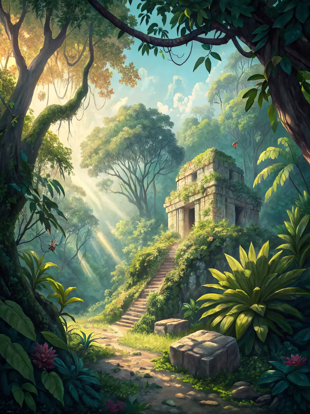 An image depicting an adventurous explorer in a jungle setting, surrounded by ancient ruins, representing adventure-themed slots.